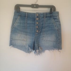 We The Free  Denim Carpenters Button Front Raw Hem Shorts Size 27